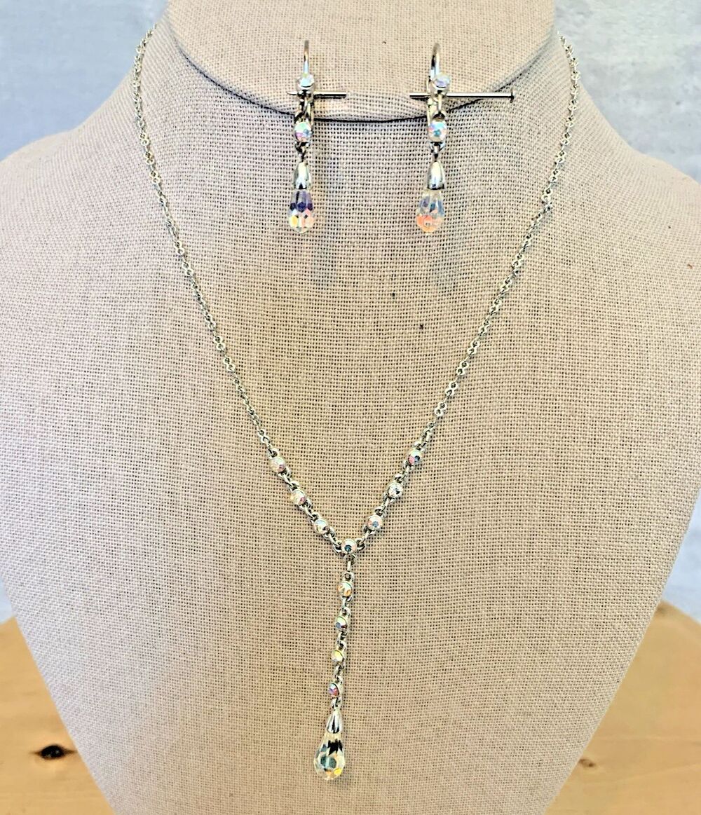 Vintage Givenchy Crystal Y Drop Necklace Earrings Set Signed Silver Tone Bridal